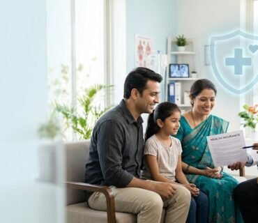 Create a premium, photorealistic editorial hero image for a personal finance and healthcare website article titled “What Is Health Insurance and How It Works?” **Scene:** An Indian family consisting of two parents and one child sitting comfortably with a friendly Indian doctor in a modern hospital consultation room. The doctor is explaining a health insurance document to the family. Include a subtle visual representation of financial protection, such as a translucent blue shield enclosing a simple medical cross and a small heart symbol. **Composition:** Wide 16:9 landscape layout, family and doctor positioned toward the right half, clean negative space on the left for a website headline. Balanced composition suitable for a professional blog featured image. **Visual style:** Photorealistic commercial healthcare photography, natural expressions, realistic Indian features, professional and reassuring atmosphere, soft daylight, crisp details, realistic skin tones, premium editorial art direction. **Color palette:** Healthcare blue (#0B4EA2), white (#FFFFFF), light cyan (#EAF6FF), and subtle teal accents. Bright, uncluttered background with soft natural shadows. **SEO and design requirements:** No text, no typography, no logos, no watermarks, no visible personal information, no exaggerated medical imagery. Ensure the subject remains recognizable when cropped into a website thumbnail. what is health insurance and how it works