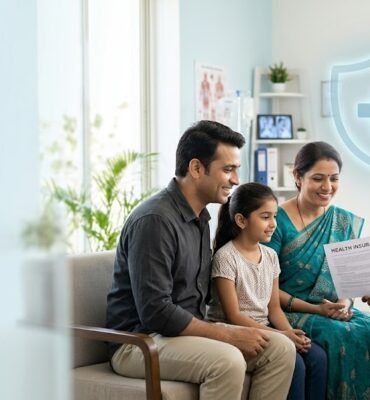 Create a premium, photorealistic editorial hero image for a personal finance and healthcare website article titled “What Is Health Insurance and How It Works?” **Scene:** An Indian family consisting of two parents and one child sitting comfortably with a friendly Indian doctor in a modern hospital consultation room. The doctor is explaining a health insurance document to the family. Include a subtle visual representation of financial protection, such as a translucent blue shield enclosing a simple medical cross and a small heart symbol. **Composition:** Wide 16:9 landscape layout, family and doctor positioned toward the right half, clean negative space on the left for a website headline. Balanced composition suitable for a professional blog featured image. **Visual style:** Photorealistic commercial healthcare photography, natural expressions, realistic Indian features, professional and reassuring atmosphere, soft daylight, crisp details, realistic skin tones, premium editorial art direction. **Color palette:** Healthcare blue (#0B4EA2), white (#FFFFFF), light cyan (#EAF6FF), and subtle teal accents. Bright, uncluttered background with soft natural shadows. **SEO and design requirements:** No text, no typography, no logos, no watermarks, no visible personal information, no exaggerated medical imagery. Ensure the subject remains recognizable when cropped into a website thumbnail. what is health insurance and how it works